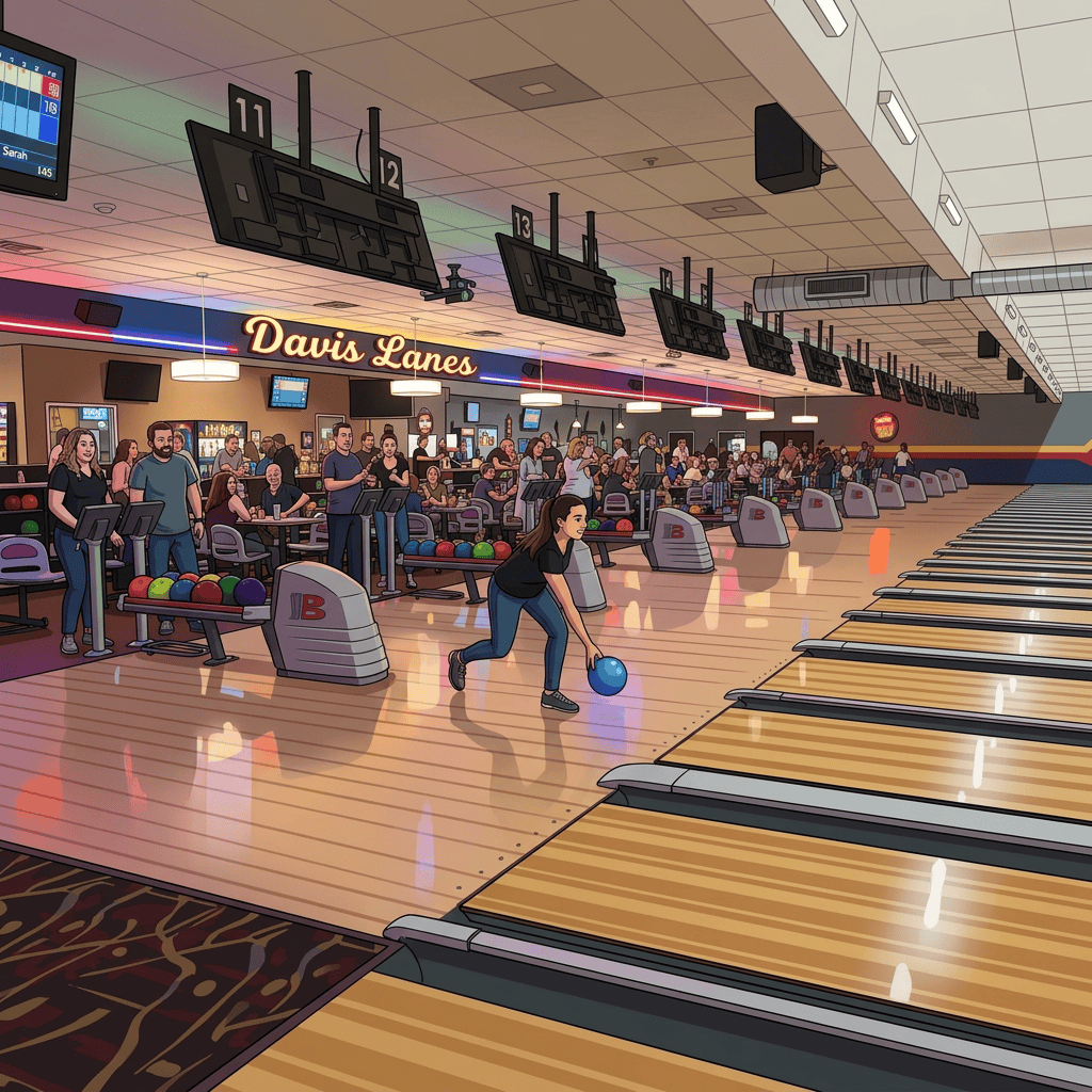 Bowler rolling a blue ball at a crowded bowling alley