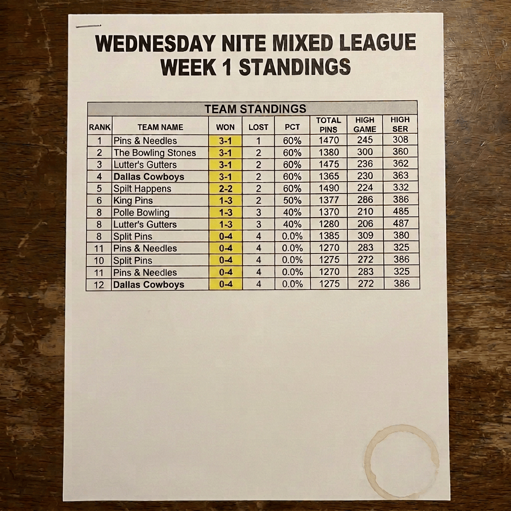Wednesday Nite Mixed League Week 1 Standings, September 11, 2024; team standings, league leaders, and next week's schedule listed.