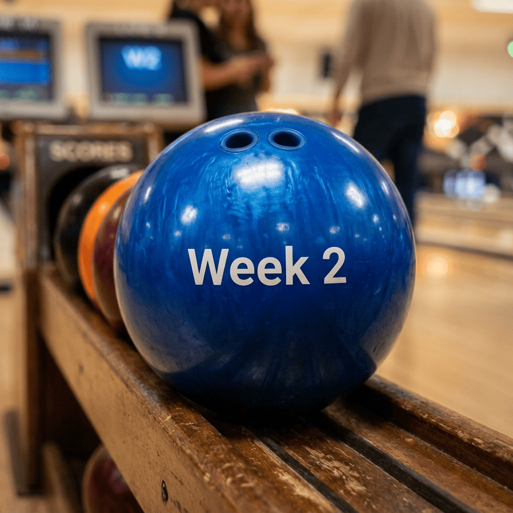 Blue bowling ball labeled “Week 2” on a ball return beside bowling lanes