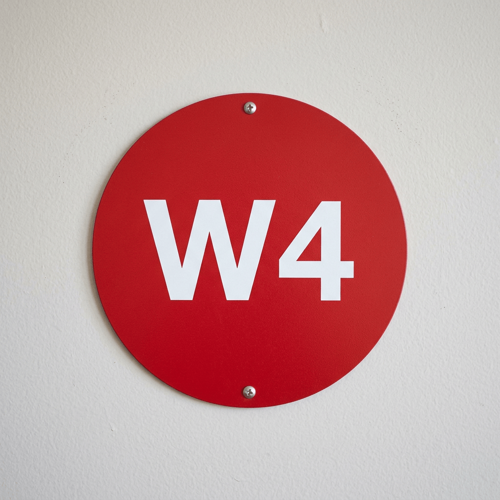 Red circular wall sign displaying the white text “W4”