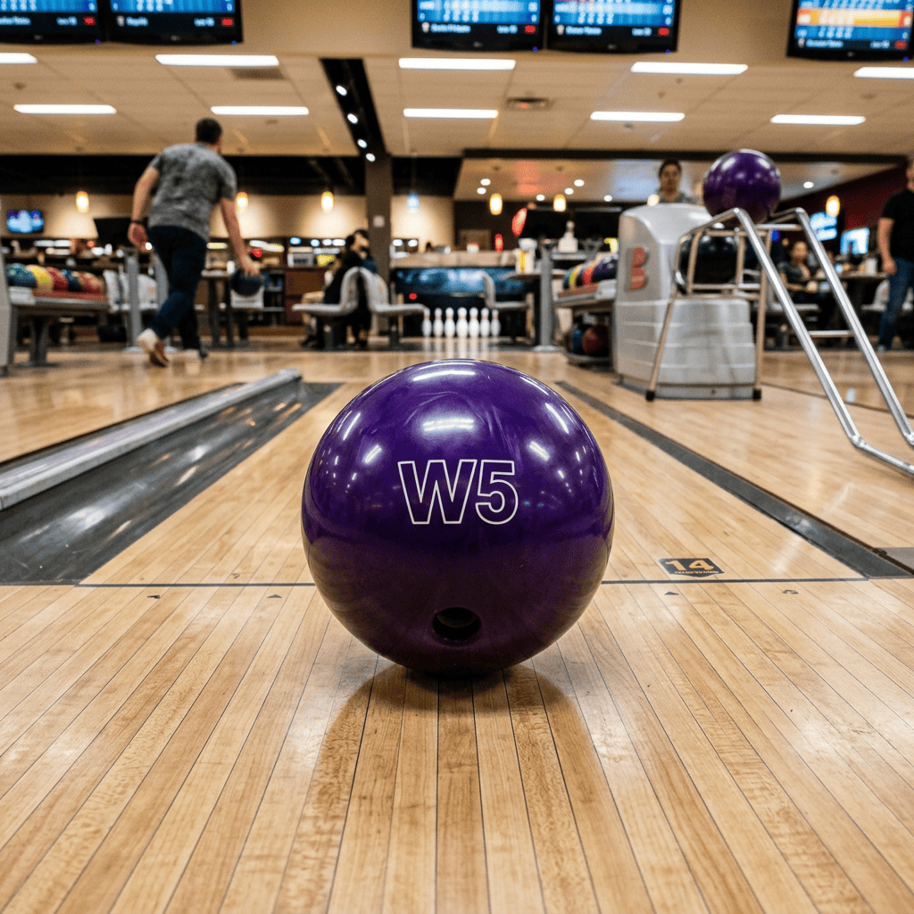 Purple W5 bowling ball centered on a bowling lane