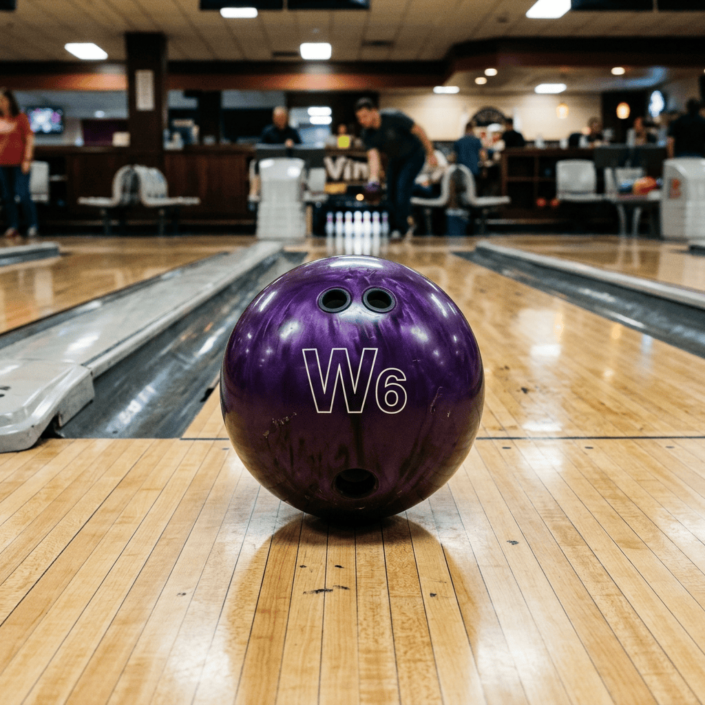 Purple bowling ball marked W6 on a bowling lane