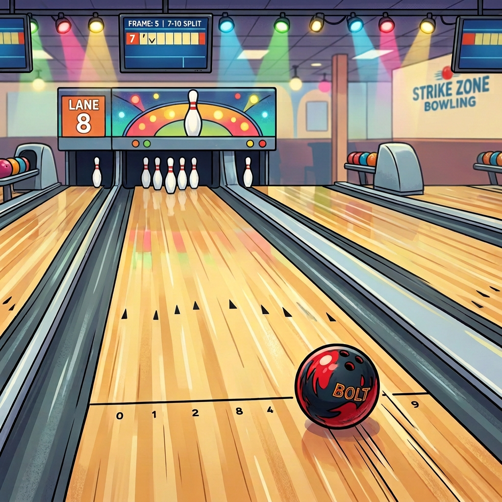 Bowling ball rolling toward pins on lane 8 during frame 5